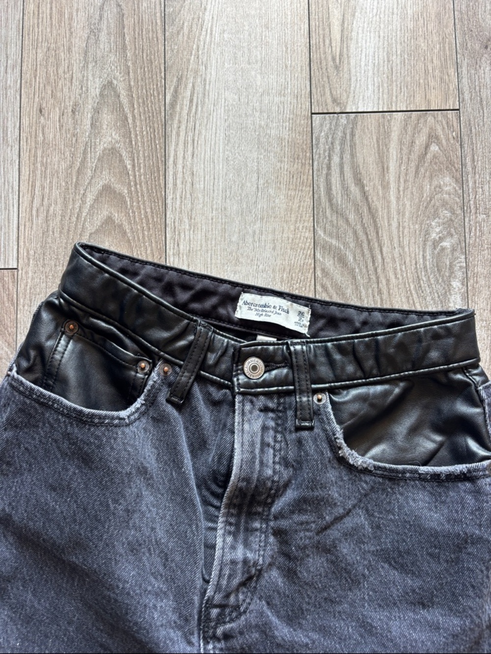 Abercrombie and Fitch leather accent Black High-Rise Straight Leg Jeans - Picture 6 of 6